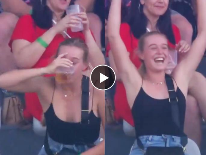 Video of a girl was seen chugging a glass of beer in one large gulp video went viral on internet | लाईट, कॅमेरा, ॲक्शन! क्रिकेटमॅचमध्ये मोठ्या स्क्रीनवर दिसताच पोरीनं गटागट संपवली बिअर अन्...