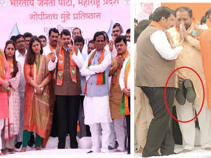 opposition leader Devendra Fadnavis fears to boot theft at Pankaja munde's agitaion in Aurangabad | बुटाच्या चोरीची विरोधी पक्षनेते देवेंद्र फडणवीसांना भीती ? opposition leader Devendra Fadnavis fears to boot theft at Pankaja munde's agitaion in Aurangabad | बुटाच्या चोरीची विरोधी पक्षनेते देवेंद्र फडणवीसांना भीती ?