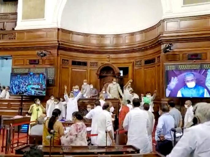 Unprecedented uproar in Rajya Sabha on farmer bill | कृषी विधेयकांवरून राज्यसभेत अभूतपूर्व गदारोळ Unprecedented uproar in Rajya Sabha on farmer bill | कृषी विधेयकांवरून राज्यसभेत अभूतपूर्व गदारोळ