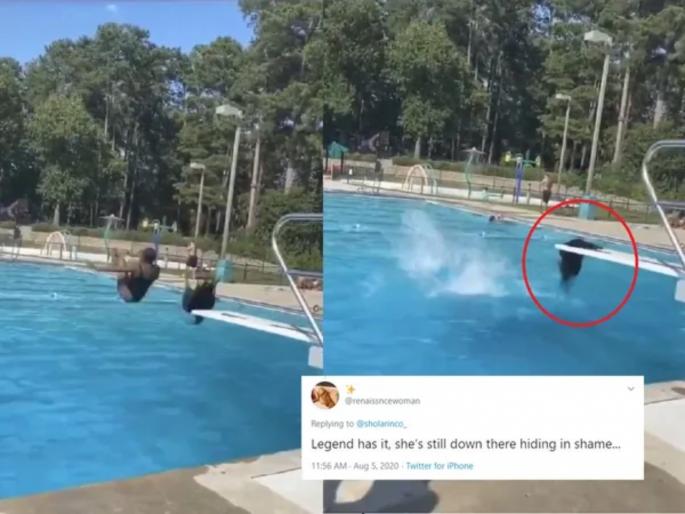 Video : Woman somersaults into pool, her wig makes a perfect landing on diving board | Video : सगळे तिला समजावत होते डाईव्ह नको मारू, पण तिनं ऐकलं नाही; पुढे काय झालं तुम्हीच बघा! Video : Woman somersaults into pool, her wig makes a perfect landing on diving board | Video : सगळे तिला समजावत होते डाईव्ह नको मारू, पण तिनं ऐकलं नाही; पुढे काय झालं तुम्हीच बघा!