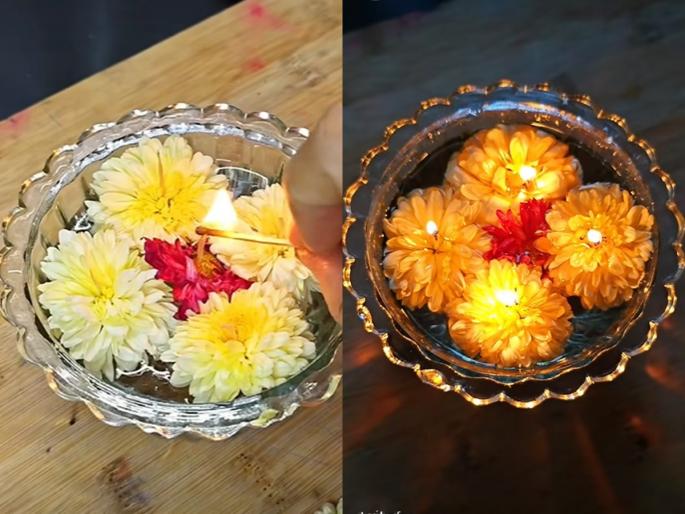 flower diya for laxmipujan, Diwali decoration ideas, DIY flower diya for Diwali  | लक्ष्मीपुजनाच्या दिवशी लक्ष्मीजवळ, रांगोळीमध्ये लावा फुलांचे दिवे! सजावट होईल अतिशय सुंदर, देखणी 