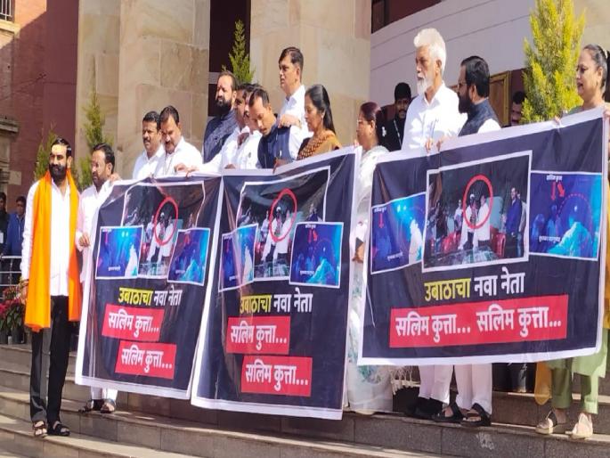 Nagpur Winter Session: Protest by EKnath Shinde group on the steps of Vidhan Bhavan against Sudhakar Badujar | उबाठाचा नवा नेता, सलीम कुत्ता...; शिंदे गटाचे विधानभवनाच्या पायऱ्यांवर आंदोलन Nagpur Winter Session: Protest by EKnath Shinde group on the steps of Vidhan Bhavan against Sudhakar Badujar | उबाठाचा नवा नेता, सलीम कुत्ता...; शिंदे गटाचे विधानभवनाच्या पायऱ्यांवर आंदोलन