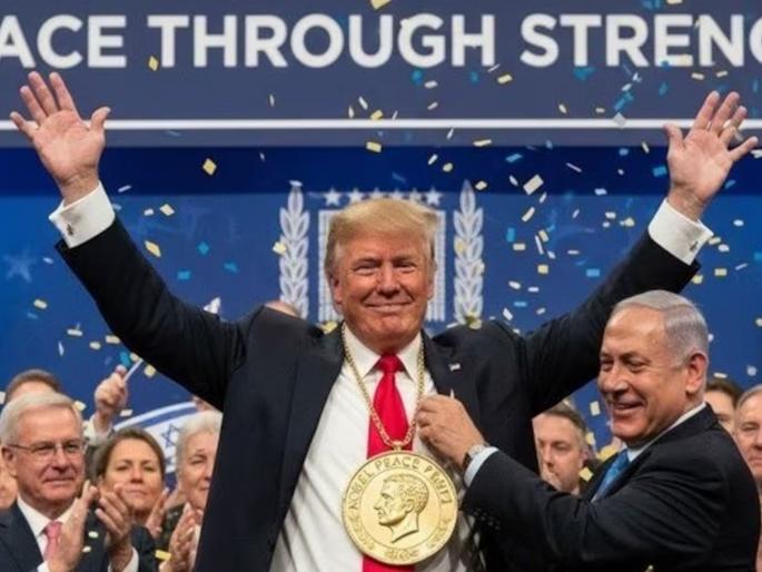 Benjamin Netanyahu shared a photo of the Nobel Peace Prize around Donald Trump's neck, saying... | डोनाल्ड ट्रम्प यांच्या गळ्यात शांततेचं नोबेल, नेतन्याहू यांनी शेअर केला असा फोटो, म्हणाले… Benjamin Netanyahu shared a photo of the Nobel Peace Prize around Donald Trump's neck, saying... | डोनाल्ड ट्रम्प यांच्या गळ्यात शांततेचं नोबेल, नेतन्याहू यांनी शेअर केला असा फोटो, म्हणाले…