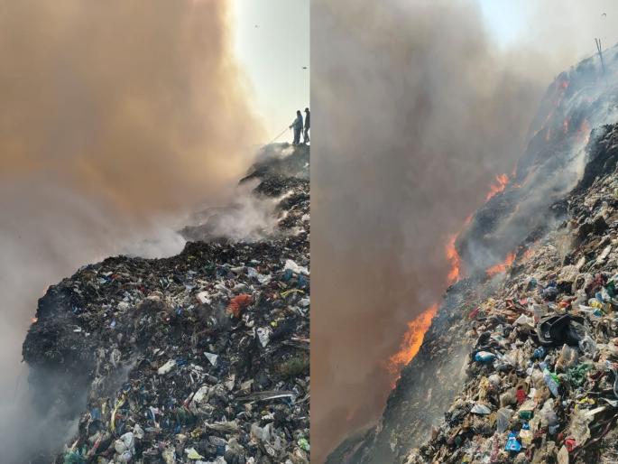 Uttan's municipal corporation illegal waste dumping site catches fire again; A group of locals complain to the police | उत्तनच्या महापालिका बेकायदा कचरा डम्पिंगला पुन्हा भीषण आग ; स्थानिकांच्या शिष्ट मंडळाने पोलिसात केली तक्रार  Uttan's municipal corporation illegal waste dumping site catches fire again; A group of locals complain to the police | उत्तनच्या महापालिका बेकायदा कचरा डम्पिंगला पुन्हा भीषण आग ; स्थानिकांच्या शिष्ट मंडळाने पोलिसात केली तक्रार