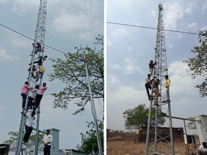 Farmers Aggressive for Drought Subsidy; Climb the mobile tower and shout loud slogans | दुष्काळी अनुदानासाठी शेतकरी आक्रमक; मोबाईल टॉवरवर चढून जोरदार घोषणाबाजी Farmers Aggressive for Drought Subsidy; Climb the mobile tower and shout loud slogans | दुष्काळी अनुदानासाठी शेतकरी आक्रमक; मोबाईल टॉवरवर चढून जोरदार घोषणाबाजी