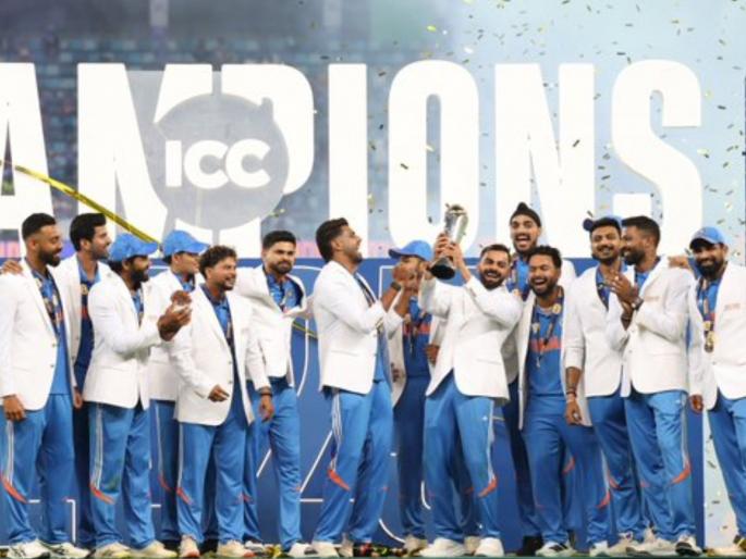 Team India Captain Rohit Sharma Virat Koahli Hardik Pandya And Team Members Iconic White Jackets Look And Celebration After Lift Third ICC Champions Trophy 2025 Watch | आयकॉनिक व्हाइट जॅकेट अन् टीम इंडियाचं सेलिब्रेशन; 'जस्ट लुकिंग लाइक अ वॉव' (VIDEO)