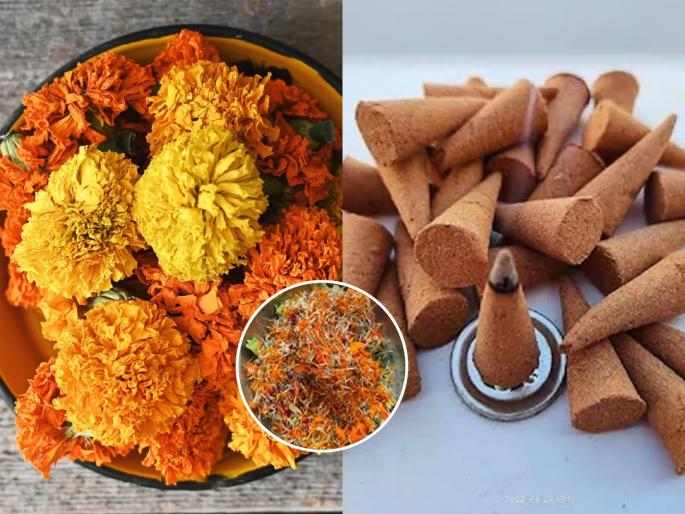 How to use Puja marigold flowers Step-by-step DIY dhoop stick Homemade Dhoop from leftover flowers easy dhoop sticks with kitchen ingredients | पूजेतील झेंडूची फुलं- पाने कचऱ्यात न टाकता करा 'असा' उपयोग – धूपाचा सुवास दरवळेल घरभर!