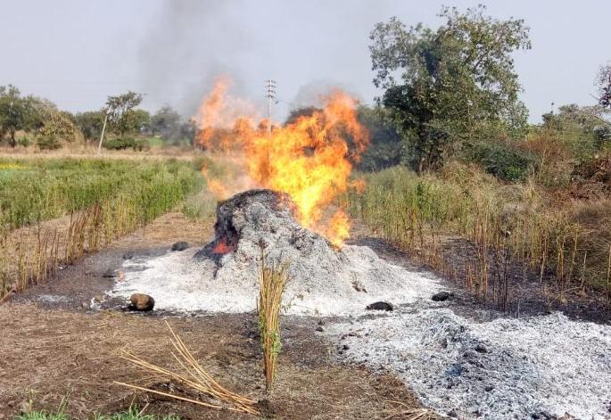 Fire in the field at Waghi Khurd village | वाघी खुर्द येथे दोन एकरातील तुरीच्या गंजीला आग