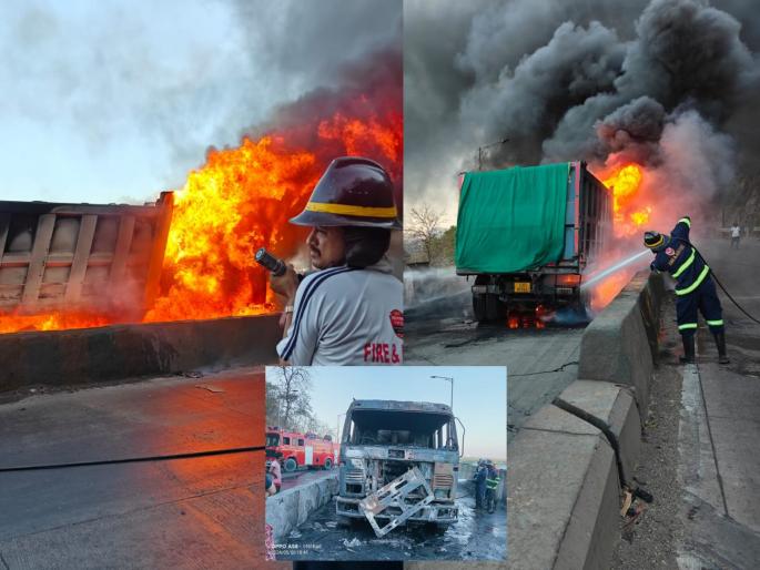 fire to dumper on Mumbra bypass road | मुंब्रा बायपास रस्त्यावर डंपरला आगा  fire to dumper on Mumbra bypass road | मुंब्रा बायपास रस्त्यावर डंपरला आगा