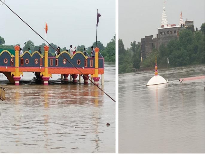 Due to rising water level of Godawari, temples at Pachanleshwar and Rakshasabhuvan are under water | गोदावरीची पाणीपातळी वाढल्याने पाचांळेश्वर आणि राक्षसभुवन येथील मंदिरे पाण्याखाली Due to rising water level of Godawari, temples at Pachanleshwar and Rakshasabhuvan are under water | गोदावरीची पाणीपातळी वाढल्याने पाचांळेश्वर आणि राक्षसभुवन येथील मंदिरे पाण्याखाली