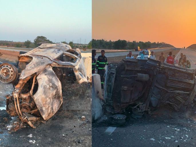 A car hit a divider on Samriddhi highway and caught fire, two died and one was seriously injured | समृद्धी महामार्गावर दुभाजकाला धडकून कारने घेतला पेट, दोघांचा होरपळून मृत्यू, एक गंभीर जखमी A car hit a divider on Samriddhi highway and caught fire, two died and one was seriously injured | समृद्धी महामार्गावर दुभाजकाला धडकून कारने घेतला पेट, दोघांचा होरपळून मृत्यू, एक गंभीर जखमी