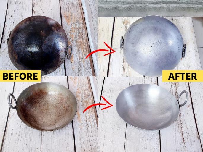 how to clean burnt iron kadai smart kitchen hacks with salt home remedy for cleaning iron pans natural ways to clean iron utensils remove black layer from iron pan | लोखंडी कढई - तव्यावर काळाकुट्ट गंज चढला? १ घरगुती उपाय, करेल मिनिटांत काम सोपे...