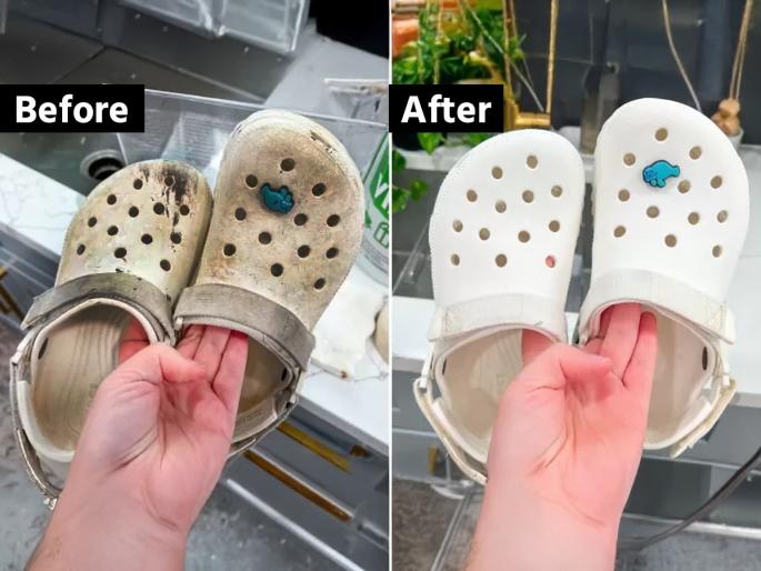 how to clean crocs at home easy way to clean crocs crocs cleaning hacks home remedies to clean crocs how to make crocs look new again | चिखलाने माखलेले 'क्रॉक्स' स्वच्छ करण्याचा भन्नाट जुगाड! कळकट चपला होतील एकदम नव्यासारख्या...