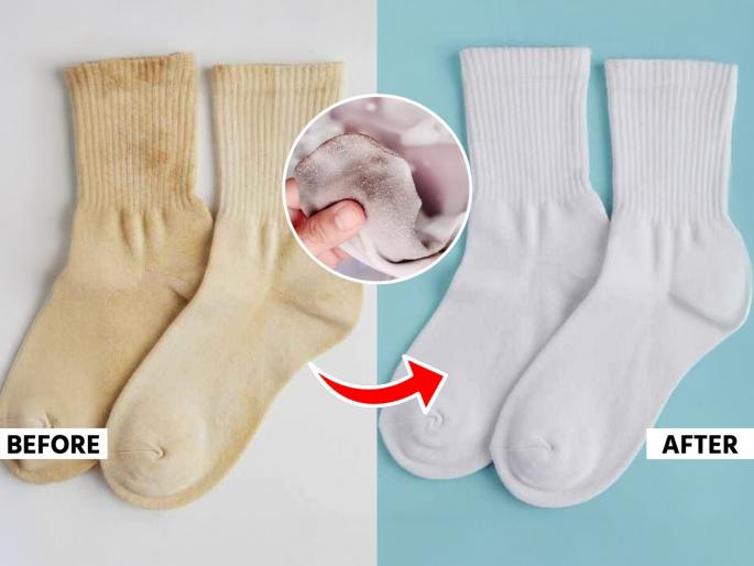 tips and tricks to clean dirty white socks how to clean white socks without scrubbing easy way to wash dirty socks home remedy for white socks cleaning best way to clean stained white socks | पायमोज्यांच्या तळाशी काळेकुट्ट डाग? गरम पाण्यांत मिसळा ४ पदार्थ - पायमोजे होतील स्वच्छ,नव्यासारखे पांढरेशुभ्र...