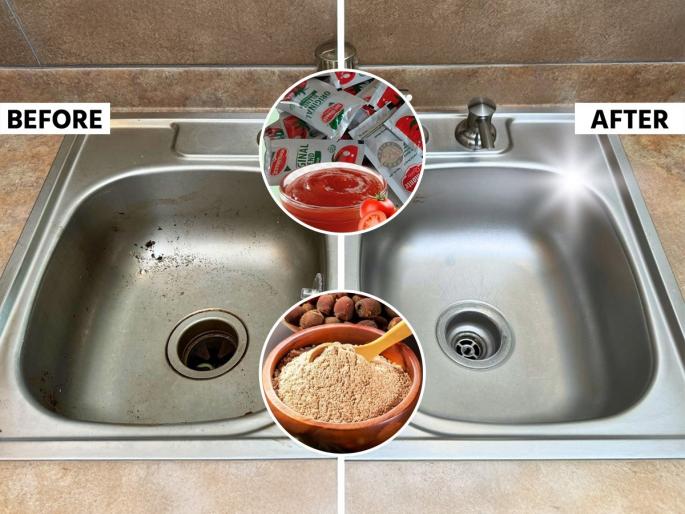 how to clean kitchen sink with tomato sauce tomato sauce cleaning hack for sink natural kitchen sink cleaning hacks tomato ketchup hack for cleaning sink | फ्रिजमध्ये साचलेले टोमॅटो केचअपचे सॅशे करतील किचन सिंक स्वच्छ! गणेशोत्सवापूर्वी करा ‘हा’ भन्नाट उपाय...