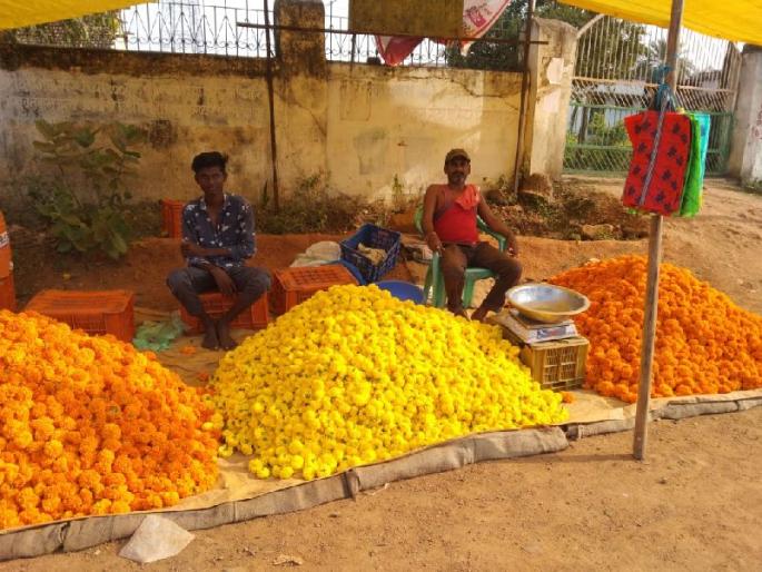 At the tenth moment, the market was decorated and the price of marigold rose | दसऱ्या मुहूर्तावर झेंडुच्या फुलांची मागणी वाढली; भाव वधारला At the tenth moment, the market was decorated and the price of marigold rose | दसऱ्या मुहूर्तावर झेंडुच्या फुलांची मागणी वाढली; भाव वधारला