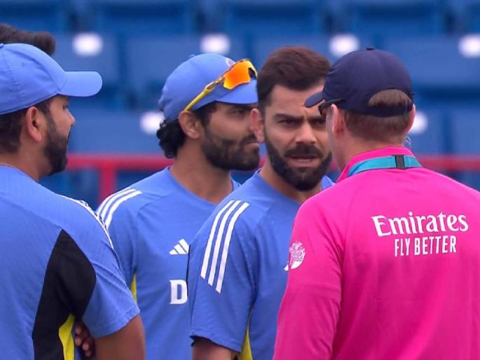 icc T20 World Cup 2024 live T20 int cricket match ind vs Canada scorecard online - Team India having a chat with umpires, TOSS DELAYED IN LAUDERHILL, Next inspection at 8pm. | विराट कोहली कोणत्या गोष्टीवरून चिडलेला दिसला? IND vs CAN सामन्याबाबत महत्त्वाचे अपडेट्स