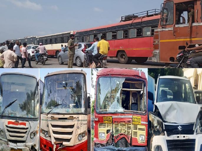 4 vehicles including ST collide due to horizontal container, 3 injured | Sangli: आडव्या कंटेनरमुळे एसटीसह ४ वाहने एकमेकांवर आदळली, तिघे जखमी 4 vehicles including ST collide due to horizontal container, 3 injured | Sangli: आडव्या कंटेनरमुळे एसटीसह ४ वाहने एकमेकांवर आदळली, तिघे जखमी