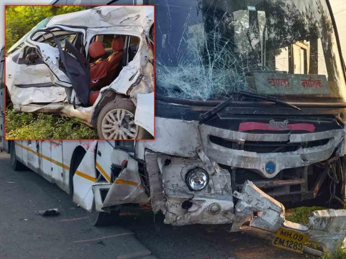 The car hit the oncoming bus with a burst tire; 3 people died on the spot at Jalgoan | टायर फुटल्यानं समोरुन येणाऱ्या बसला कारने दिली धडक; ३ जण जागीच ठार The car hit the oncoming bus with a burst tire; 3 people died on the spot at Jalgoan | टायर फुटल्यानं समोरुन येणाऱ्या बसला कारने दिली धडक; ३ जण जागीच ठार