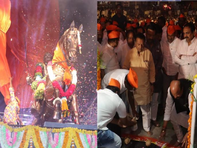 Equestrian statue of Shivaji Maharaj inaugurated in Jat sangli | जतमध्ये शिवाजी महाराजांच्या अश्वारूढ पुतळ्याचे लोकार्पण, पालकमंत्री सुरेश खाडेंनी केलं जयंत पाटलांचं कौतुक Equestrian statue of Shivaji Maharaj inaugurated in Jat sangli | जतमध्ये शिवाजी महाराजांच्या अश्वारूढ पुतळ्याचे लोकार्पण, पालकमंत्री सुरेश खाडेंनी केलं जयंत पाटलांचं कौतुक