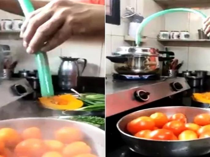 Man sterilise vegetables with desi jugaad during coronavirus watch video | वाह रे पठ्ठ्या! कोरोनाच्या भीतीनं भाज्या धुण्यासाठी 'असा' केला देशी जुगाड; पाहा व्हायरल व्हिडीओ Man sterilise vegetables with desi jugaad during coronavirus watch video | वाह रे पठ्ठ्या! कोरोनाच्या भीतीनं भाज्या धुण्यासाठी 'असा' केला देशी जुगाड; पाहा व्हायरल व्हिडीओ