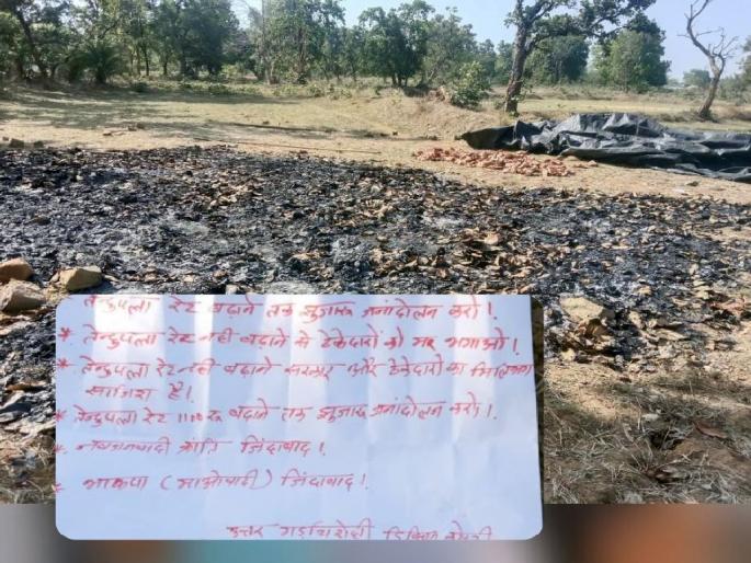 Naxalite burnt tendu patta in three villages on Chhattisgarh border; Demand for increase in wage rates | ठेकेदारों को मार भगाओ... नक्षल्यांकडून तेंदूपानांची जाळपोळ, मजुरीचे दर वाढविण्याची मागणी Naxalite burnt tendu patta in three villages on Chhattisgarh border; Demand for increase in wage rates | ठेकेदारों को मार भगाओ... नक्षल्यांकडून तेंदूपानांची जाळपोळ, मजुरीचे दर वाढविण्याची मागणी