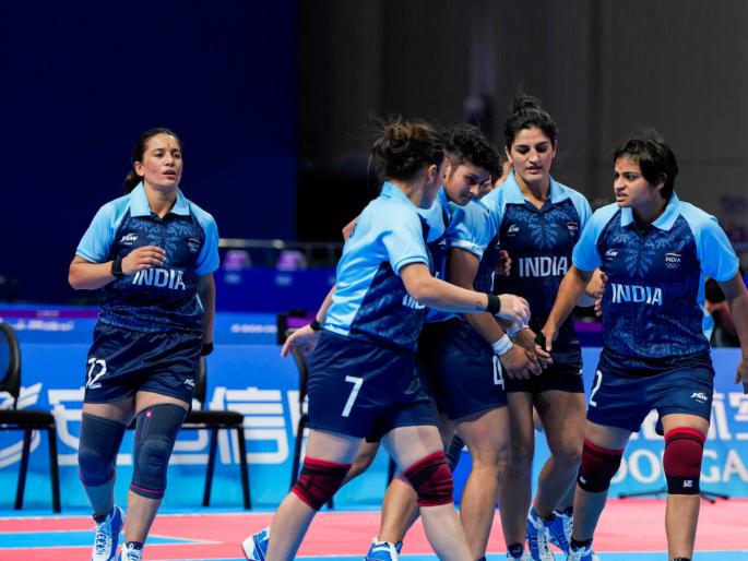 asian games 2023 live updates indian women kabaddi team into finals beating nepal | Asian Games: भारत की नारी, नेपाळ पे भारी! महिला कबड्डी संघाचा ६१-१७ ने दणदणीत विजय, फायनलमध्ये धडक asian games 2023 live updates indian women kabaddi team into finals beating nepal | Asian Games: भारत की नारी, नेपाळ पे भारी! महिला कबड्डी संघाचा ६१-१७ ने दणदणीत विजय, फायनलमध्ये धडक