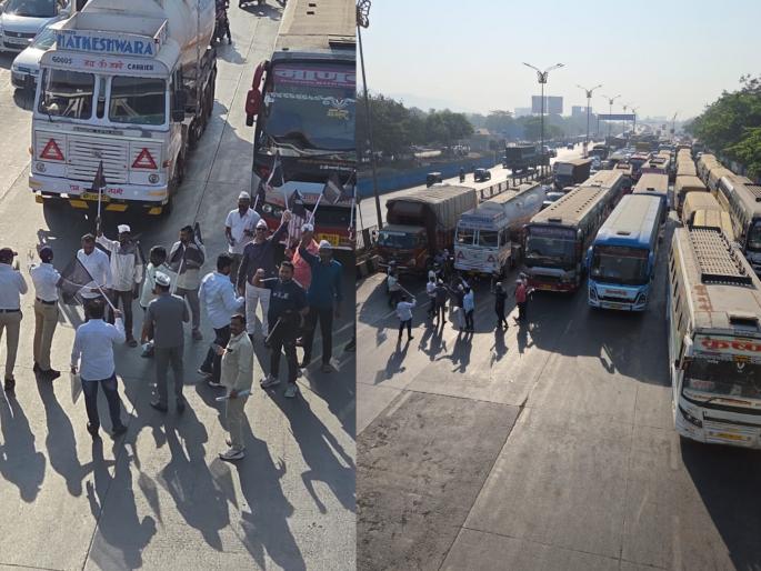 Massive traffic jam due to protests against e-challan; Traffic slows down on Pune-Mumbai highway | ई-चलनविरोधात कळंबोलीत चक्का जाम; पुणे- मुंबई महामार्गावर वाहतुकीचा कोलमडला वेग Massive traffic jam due to protests against e-challan; Traffic slows down on Pune-Mumbai highway | ई-चलनविरोधात कळंबोलीत चक्का जाम; पुणे- मुंबई महामार्गावर वाहतुकीचा कोलमडला वेग