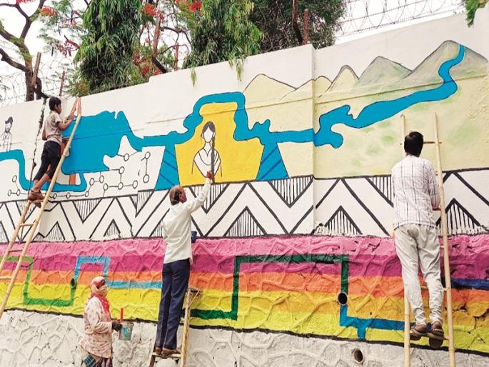 Beautification of Kham river basin; The journey of 72 km of the river is pictured | खाम नदीपात्राचे सौंदर्यीकरण; नदीच्या ७२ किमींचा प्रवास साकारतोय चित्ररुपात Beautification of Kham river basin; The journey of 72 km of the river is pictured | खाम नदीपात्राचे सौंदर्यीकरण; नदीच्या ७२ किमींचा प्रवास साकारतोय चित्ररुपात