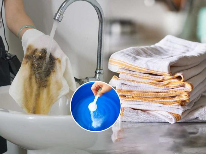 kitchen towel cleaning tips how to clean dirty kitchen towels at home home remedies to clean greasy kitchen towels kitchen towel washing hacks | काळेकुट्ट किचन टॉवेल एका धुण्यातही होतील स्वच्छ! गरम पाण्यात मिसळा १ पदार्थ - दिसतील नव्यासारखे...