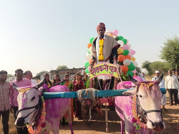 Old to Gold : couple arrives in bullock cart in gadchiroli | जुने ते सोने : नातवाची वरात... बैलबंडीतून लय जोरात Old to Gold : couple arrives in bullock cart in gadchiroli | जुने ते सोने : नातवाची वरात... बैलबंडीतून लय जोरात
