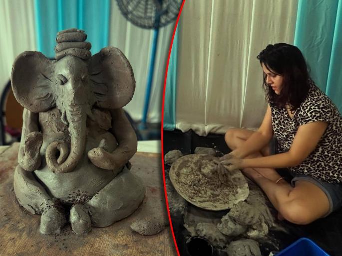 marathi actress manava naik made ganpati idol from clay shared photos | टॅलेंटेड मनवा नाईक! मराठी अभिनेत्रीने स्वत:च्या हाताने घडवली मातीपासून बाप्पाची मूर्ती, पाहा फोटो