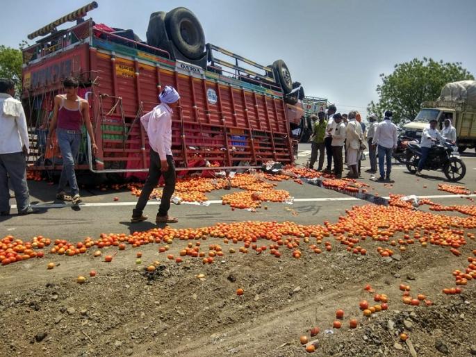 Driver seriously injured in truck accident at Manwat | मानवतच्या कोल्हा शिवारात टोमॅटोचा सडा; ट्रकच्या अपघातात चालक गंभीर जखमी Driver seriously injured in truck accident at Manwat | मानवतच्या कोल्हा शिवारात टोमॅटोचा सडा; ट्रकच्या अपघातात चालक गंभीर जखमी