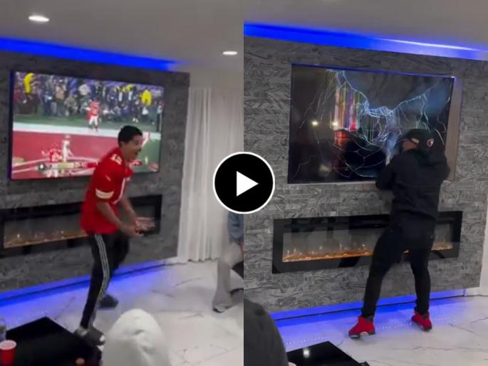 a football lover fan smashes TV after losing $20k bet on super bowl video goes viral on social media | आवडता फुटबॉल संघ मॅच हरल्याने तरुणाला झाला राग अनावर, धावत टीव्हीसमोर गेला अन्... a football lover fan smashes TV after losing $20k bet on super bowl video goes viral on social media | आवडता फुटबॉल संघ मॅच हरल्याने तरुणाला झाला राग अनावर, धावत टीव्हीसमोर गेला अन्...