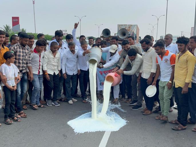 Rise the rates or pay the debt yourself milk spilled on the road Highway blocked in Solapur | 'दरवाढ करा अन्यथा कर्ज तुम्हीच भरा,' रस्त्यावर ओतले दूध; सोलापूरात महामार्ग रोखला Rise the rates or pay the debt yourself milk spilled on the road Highway blocked in Solapur | 'दरवाढ करा अन्यथा कर्ज तुम्हीच भरा,' रस्त्यावर ओतले दूध; सोलापूरात महामार्ग रोखला