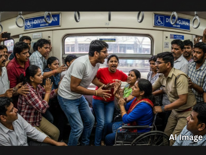 Mumbai Local Shock: Young Couple Creates Ruckus in Reserved Coach for Disabled Passengers; Commuters Outraged | Mumbai: मुंबई लोकलमध्ये जोडप्याची दादागिरी, दिव्यांग प्रवाशांशी गैरवर्तन, व्हिडीओ व्हायरल Mumbai Local Shock: Young Couple Creates Ruckus in Reserved Coach for Disabled Passengers; Commuters Outraged | Mumbai: मुंबई लोकलमध्ये जोडप्याची दादागिरी, दिव्यांग प्रवाशांशी गैरवर्तन, व्हिडीओ व्हायरल