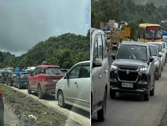 traffic jam on Mumbai-Goa highway! ganesh devotees going to konkan faced lot of problems maharashtra | Mumbai-Goa highway Traffic मुंबई-गोवा महामार्गावर वाहतूक कोंडीचे विघ्न! कोकणात जाणाऱ्या चाकरमान्यांचे हाल  traffic jam on Mumbai-Goa highway! ganesh devotees going to konkan faced lot of problems maharashtra | Mumbai-Goa highway Traffic मुंबई-गोवा महामार्गावर वाहतूक कोंडीचे विघ्न! कोकणात जाणाऱ्या चाकरमान्यांचे हाल