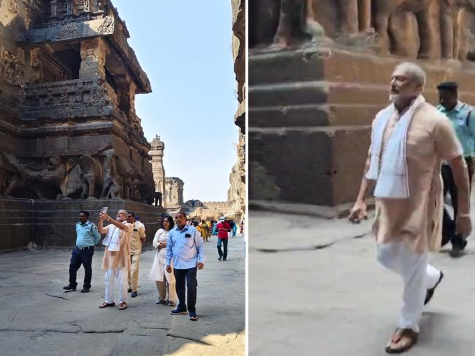 Nana Patekar was overwhelmed by the amazing caves of Ellora | वेरूळच्या अद्भुत लेणीपाहून नाना पाटेकर भारावले; 'सेल्फी'साठी गराडा पडल्याने काढता पाय!