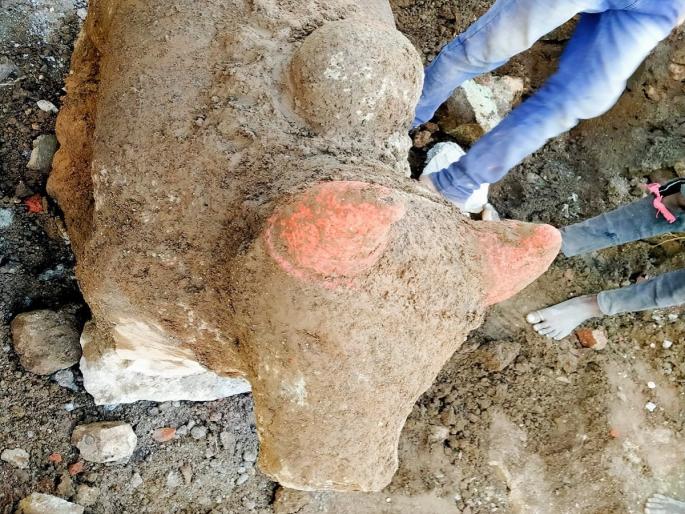 Sculptures of Nandi and Ganesha found in Kedareshwar temple area | केदारेश्वर मंदिर परिसरात सापडले नंदी व गणपतीचे शिल्प Sculptures of Nandi and Ganesha found in Kedareshwar temple area | केदारेश्वर मंदिर परिसरात सापडले नंदी व गणपतीचे शिल्प