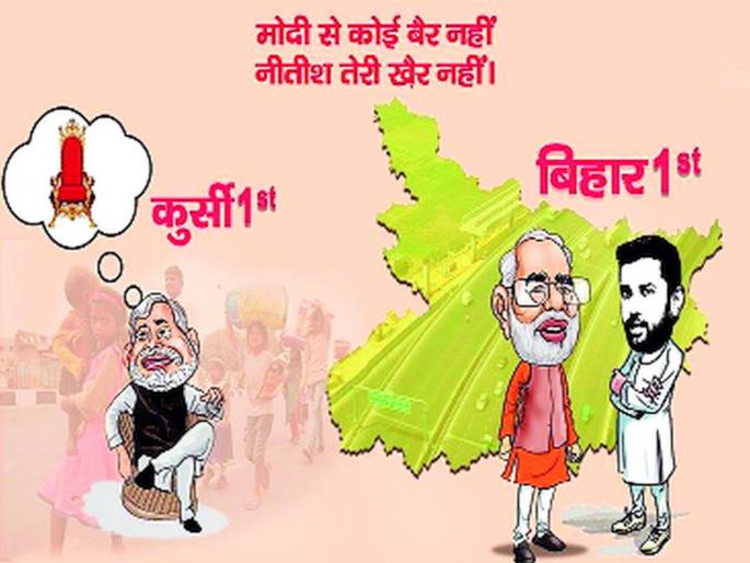 Bihar Assembly Election 2020 ljp uses pm modis photo on poster slams cm nitish kumar | Bihar Assembly Election 2020: रालोआपासून दूर गेलेल्या चिराग यांच्या पोस्टरवर मोदींचे छायाचित्र Bihar Assembly Election 2020 ljp uses pm modis photo on poster slams cm nitish kumar | Bihar Assembly Election 2020: रालोआपासून दूर गेलेल्या चिराग यांच्या पोस्टरवर मोदींचे छायाचित्र
