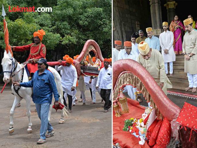 Shahi Lavajma, the palanquin of the palace ganaraya MP Shahu Maharaj performed puja | Kolhapur: शाही लवाजमा, पालखीतून आला राजवाड्यातील गणराया; खासदार शाहू महाराज यांनी केले पूजन