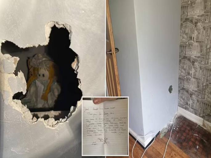 New homeowner is shocked to find a rag doll boarded up in a wall cavity with note | जुन्या मालकाला संपवलं, आता तुमची पाळी! नव्या घरात सापडली बाहुली अन् थरकाप उडवणारी चिठ्ठी New homeowner is shocked to find a rag doll boarded up in a wall cavity with note | जुन्या मालकाला संपवलं, आता तुमची पाळी! नव्या घरात सापडली बाहुली अन् थरकाप उडवणारी चिठ्ठी