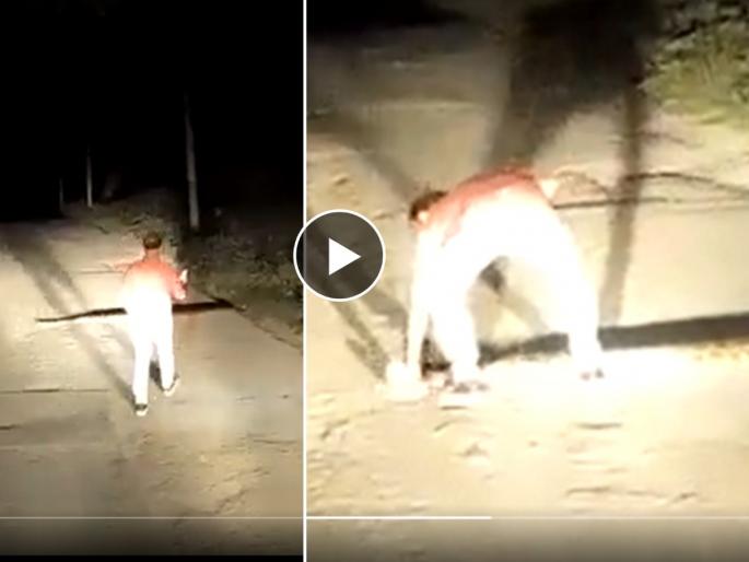 man saving a giant python from road accident shocking video viral on social media | पठ्ठ्यानं न घाबरता महाकाय अजगराला पकडलं, नंतर जे घडलं ते पाहून सर्वच चक्रावले; पाहा थरारक Video man saving a giant python from road accident shocking video viral on social media | पठ्ठ्यानं न घाबरता महाकाय अजगराला पकडलं, नंतर जे घडलं ते पाहून सर्वच चक्रावले; पाहा थरारक Video