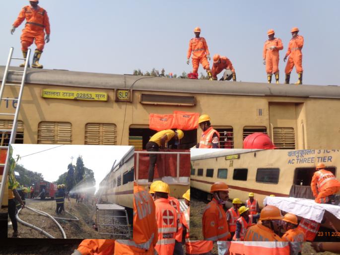 Mock drill by the administration of a railway fire in Nagpur's Ajni yard | डबे घसरतात अन् स्पेशल ट्रेनला अचानक आग लागते तेव्हा...अजनी यार्डात काय घडलं? Mock drill by the administration of a railway fire in Nagpur's Ajni yard | डबे घसरतात अन् स्पेशल ट्रेनला अचानक आग लागते तेव्हा...अजनी यार्डात काय घडलं?