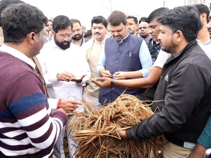 CM Eknath Shinde, Devendra Fadnavis and Dhananjay Munde Visited farmers whose farms have suffered due to unseasonal rains | विरोधक आक्रमक, कृषी मंत्र्यांसह मुख्यमंत्री शिंदे, उपमुख्यमंत्री फडणवीस बांधावर CM Eknath Shinde, Devendra Fadnavis and Dhananjay Munde Visited farmers whose farms have suffered due to unseasonal rains | विरोधक आक्रमक, कृषी मंत्र्यांसह मुख्यमंत्री शिंदे, उपमुख्यमंत्री फडणवीस बांधावर