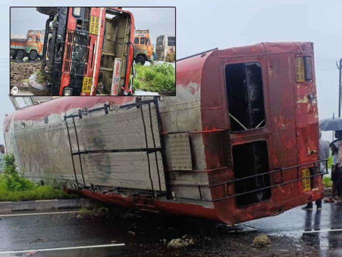 A bus overturned on the national highway; 16 passengers injured, three shifted to Buldhana | राष्ट्रीय महामार्गावर धावती बस उलटली; १६ प्रवासी जखमी, तिघांना बुलढाणा येथे हलविले A bus overturned on the national highway; 16 passengers injured, three shifted to Buldhana | राष्ट्रीय महामार्गावर धावती बस उलटली; १६ प्रवासी जखमी, तिघांना बुलढाणा येथे हलविले
