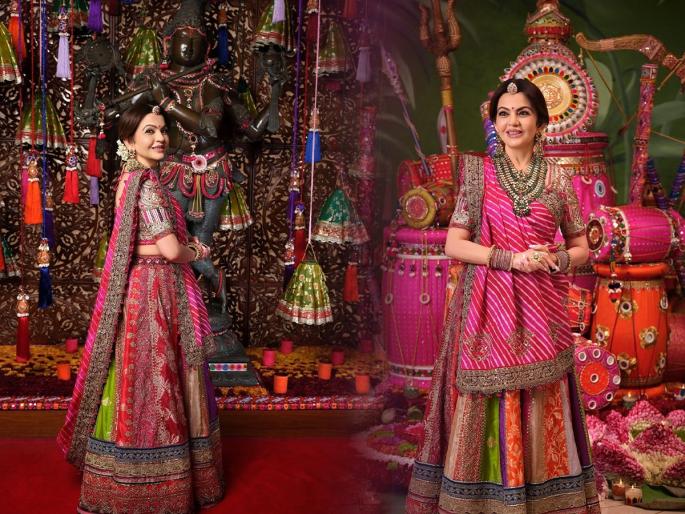 Nita Ambani Looks Beautiful in Banarasi Brocade Navrang Lehenga nita ambani banarasi lehenga look nita ambani navrang lehenga | नीता अंबानींचा रॉयल नवरात्री लुक! 'नवरंग' घागरा चोली आहे खास, सुंदर गरबा थाट...