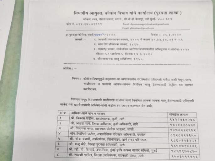 Control team of eight senior officers deployed to solve the problems of vegetable, food supply | भाजीपाला,अन्नधान्य पुरवठ्याच्या अडचणी सोडवण्यासाठी आठ वरिष्ठ अधिकाऱ्यांचे नियंत्रण पथक तैनात Control team of eight senior officers deployed to solve the problems of vegetable, food supply | भाजीपाला,अन्नधान्य पुरवठ्याच्या अडचणी सोडवण्यासाठी आठ वरिष्ठ अधिकाऱ्यांचे नियंत्रण पथक तैनात