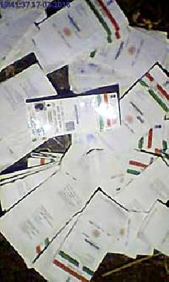 Hundreds of base cards found in the fields | शेतात आढळले शेकडो आधार कार्ड Hundreds of base cards found in the fields | शेतात आढळले शेकडो आधार कार्ड