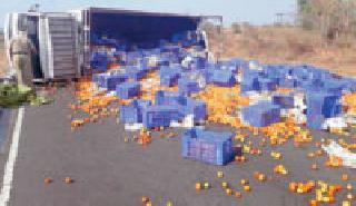 Truck collapses due to stair lock, driver injured | स्टेअरिंग लॉक झाल्याने ट्रक उलटला, चालक जखमी Truck collapses due to stair lock, driver injured | स्टेअरिंग लॉक झाल्याने ट्रक उलटला, चालक जखमी